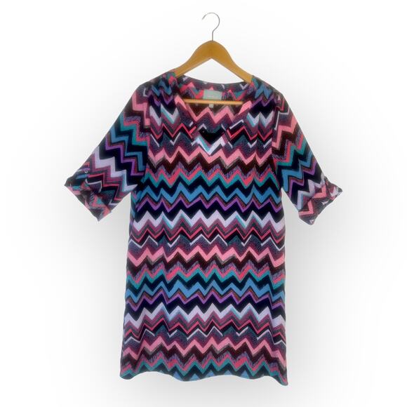 Skies Are Blue Chevron Shirt Dress L Multi Pink Purple Teal Black Zig Zag Print - Picture 11 of 11